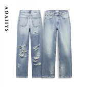 Aoaiiys szakadt farmer női széles szárú farmer nadrág magas derékú egyenes nadrág elegáns utcai ruházat divat Y2k női bő farmernadrág