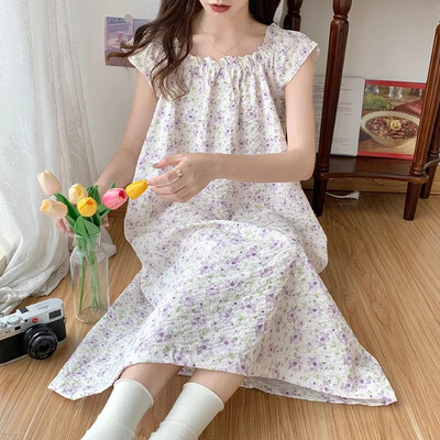 5XL plius dydžio miela gėlėta pižamų suknelė vidutinio ilgio laisvi naktiniai korėjietiško stiliaus miegui ir chalatui, moteriški chalatai, namų drabužiai