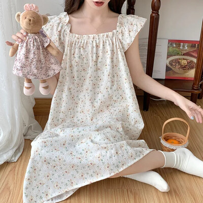 5XL plius dydžio miela gėlėta pižamų suknelė vidutinio ilgio laisvi naktiniai korėjietiško stiliaus miegui ir chalatui, moteriški chalatai, namų drabužiai