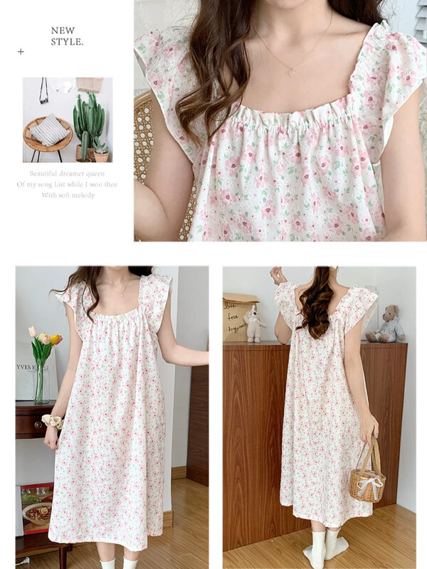 5XL plius dydžio miela gėlėta pižamų suknelė vidutinio ilgio laisvi naktiniai korėjietiško stiliaus miegui ir chalatui, moteriški chalatai, namų drabužiai