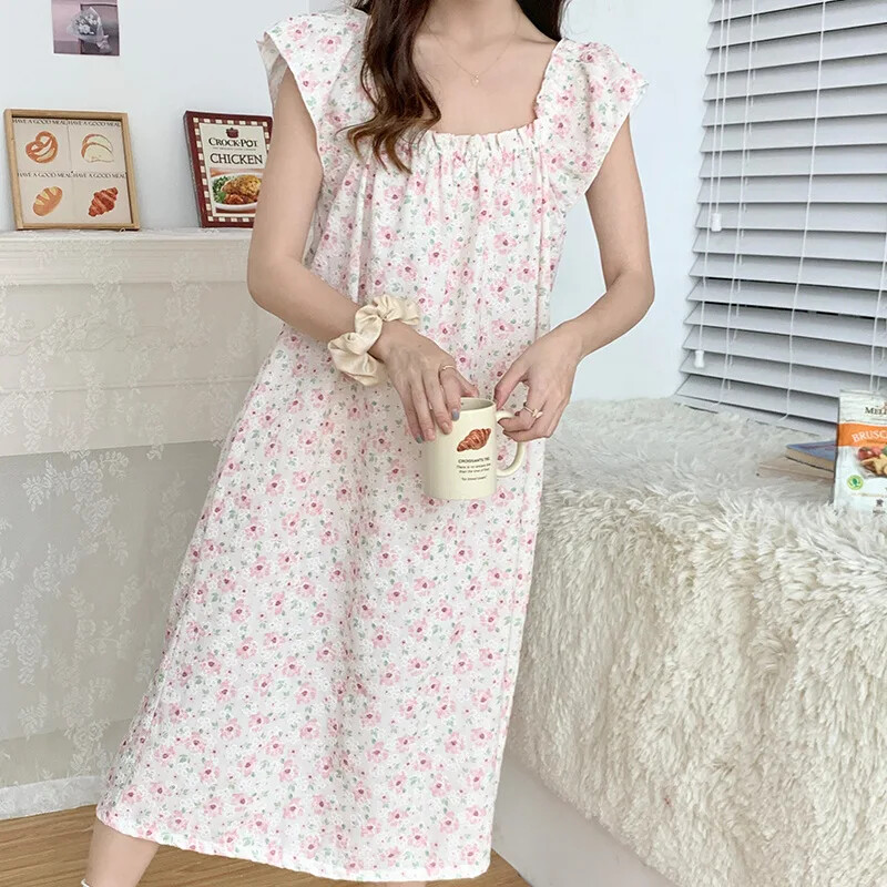 5XL plius dydžio miela gėlėta pižamų suknelė vidutinio ilgio laisvi naktiniai korėjietiško stiliaus miegui ir chalatui, moteriški chalatai, namų drabužiai