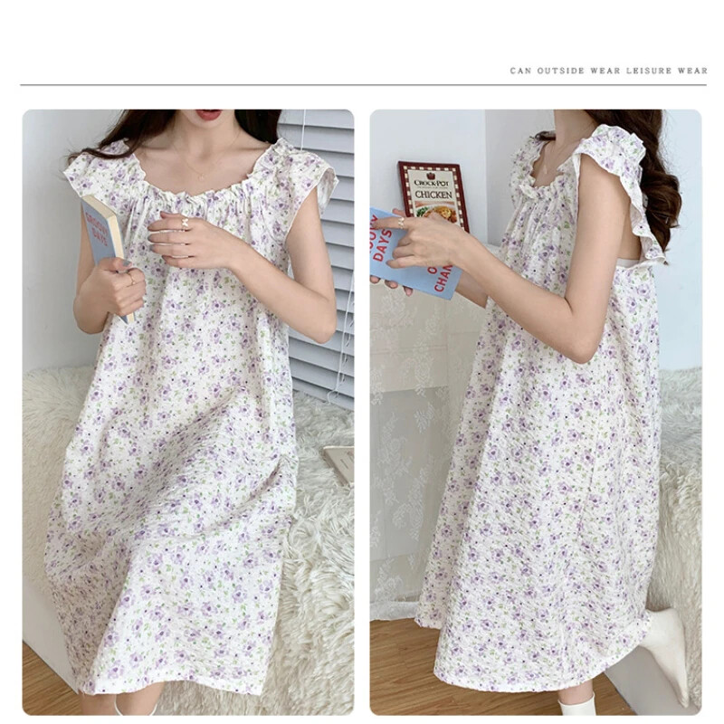 5XL plius dydžio miela gėlėta pižamų suknelė vidutinio ilgio laisvi naktiniai korėjietiško stiliaus miegui ir chalatui, moteriški chalatai, namų drabužiai