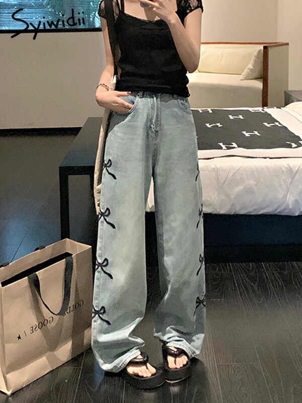 Dámske džínsy s mašľou Syiwidii, vrecovité modré, s vysokým pásom, široké nohavice, streetwear, voľné džínsy