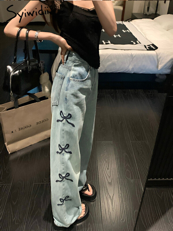 Dámske džínsy s mašľou Syiwidii, vrecovité modré, s vysokým pásom, široké nohavice, streetwear, voľné džínsy