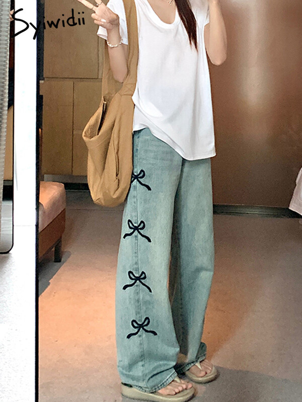 Dámske džínsy s mašľou Syiwidii, vrecovité modré, s vysokým pásom, široké nohavice, streetwear, voľné džínsy