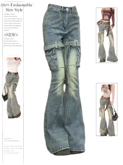 Dámske džínsy Y2k Cargo Flare, Harajuku Baggy Denim, estetické džínsové nohavice, vintage japonský štýl 2000s, brakové oblečenie 2024