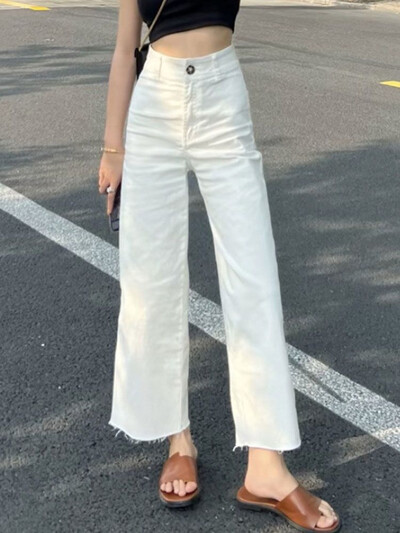 Biele džínsy Dámske roztrhané široké nohavice Voľné kórejské štýlové streetwear Jarné univerzálne módne Ulzzang Chic Temperament Washed Vintage
