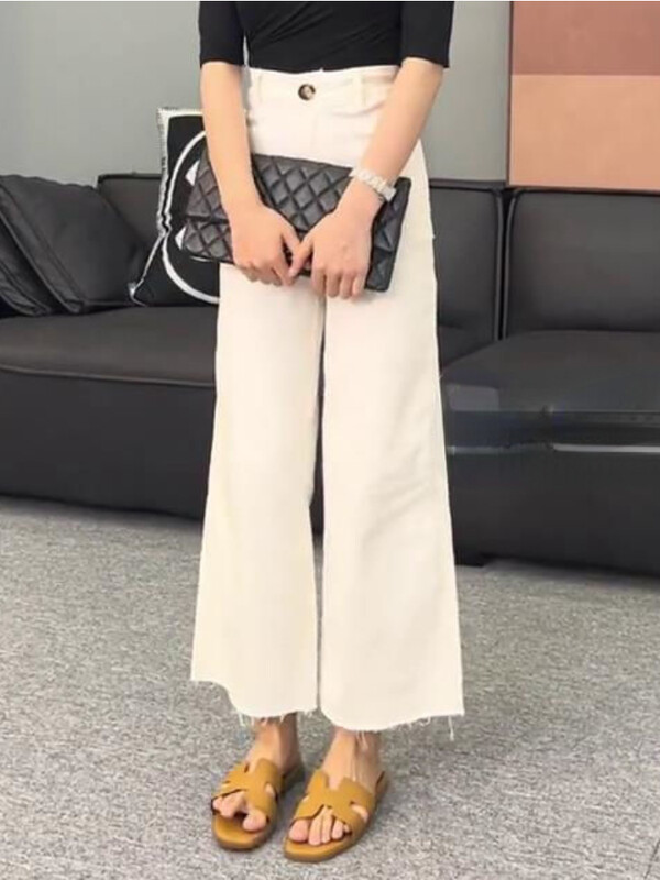 Biele džínsy Dámske roztrhané široké nohavice Voľné kórejské štýlové streetwear Jarné univerzálne módne Ulzzang Chic Temperament Washed Vintage