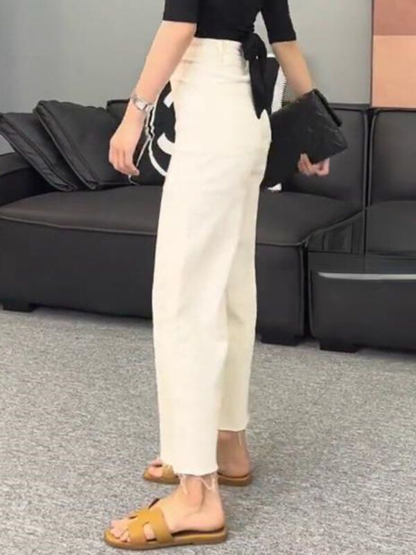 Biele džínsy Dámske roztrhané široké nohavice Voľné kórejské štýlové streetwear Jarné univerzálne módne Ulzzang Chic Temperament Washed Vintage