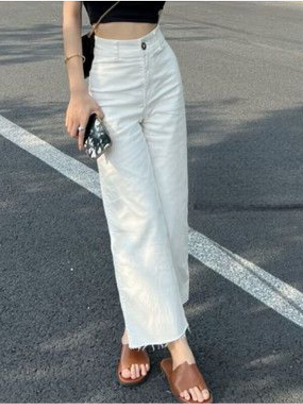 Biele džínsy Dámske roztrhané široké nohavice Voľné kórejské štýlové streetwear Jarné univerzálne módne Ulzzang Chic Temperament Washed Vintage