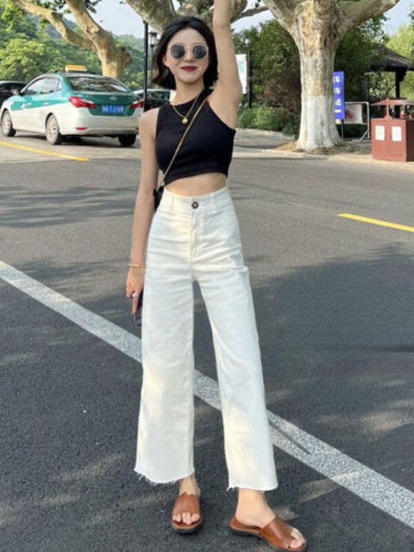 Biele džínsy Dámske roztrhané široké nohavice Voľné kórejské štýlové streetwear Jarné univerzálne módne Ulzzang Chic Temperament Washed Vintage