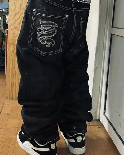 Amerikietiškos Y2K naujos mados raidės, siuvinėti laisvi džinsai, vyriški gatvės hiphopo „Joker“ negabaritinės kelnės plačiomis kelnėmis Pora laisvalaikio džinsai