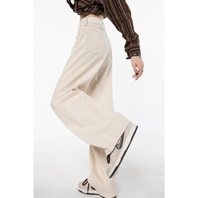 Bézs Női Farmer Magas derekú Vintage egyenes táskás farmer nadrág Streetwear stílus amerikai divat női széles szárú farmer nadrág