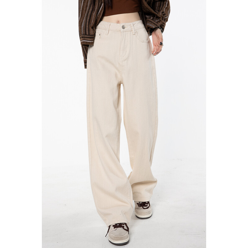 Bézs Női Farmer Magas derekú Vintage egyenes táskás farmer nadrág Streetwear stílus amerikai divat női széles szárú farmer nadrág