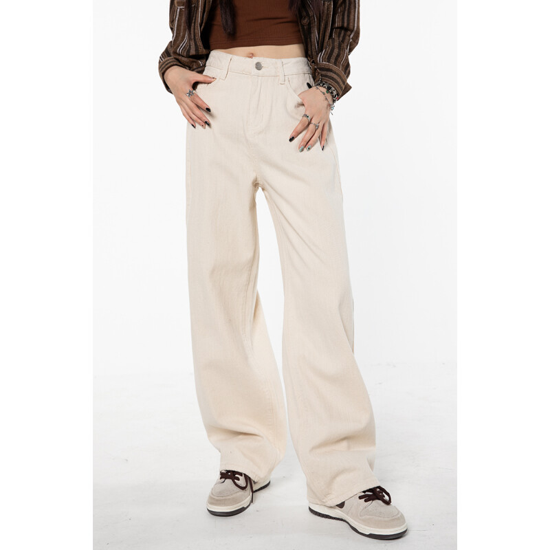 Bézs Női Farmer Magas derekú Vintage egyenes táskás farmer nadrág Streetwear stílus amerikai divat női széles szárú farmer nadrág
