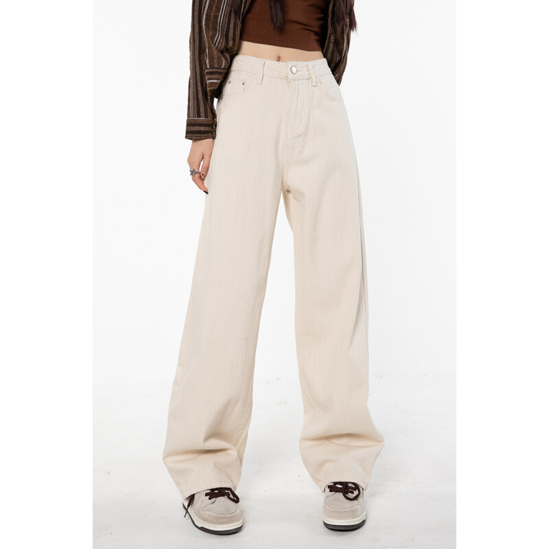 Bézs Női Farmer Magas derekú Vintage egyenes táskás farmer nadrág Streetwear stílus amerikai divat női széles szárú farmer nadrág