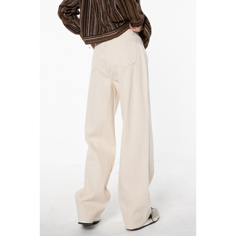 Bézs Női Farmer Magas derekú Vintage egyenes táskás farmer nadrág Streetwear stílus amerikai divat női széles szárú farmer nadrág