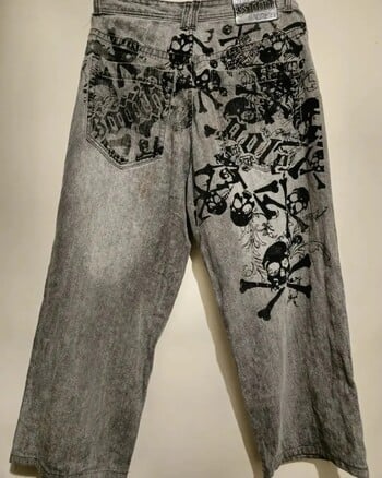 2024 New American Harajuku Vintage Print Jeans Y2K Дамски изпрани сиви прави панталони Улични готически свободни унисекс панталони Tide