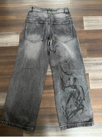 2024 New American Harajuku Vintage Print Jeans Y2K Дамски изпрани сиви прави панталони Улични готически свободни унисекс панталони Tide