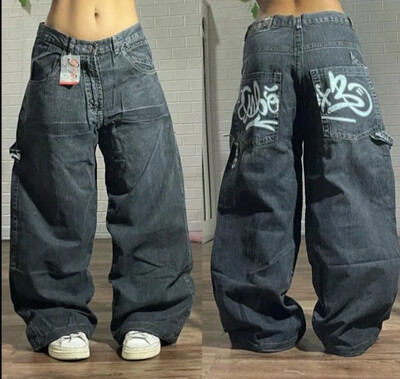 2024 Nové americké džínsy s vintage potlačou Harajuku Y2K pre ženy, prané sivé rovné nohavice, pouličné gotické voľné unisex nohavice Tide