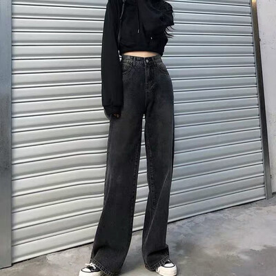 2024 Nové americké džínsy s vintage potlačou Harajuku Y2K pre ženy, prané sivé rovné nohavice, pouličné gotické voľné unisex nohavice Tide