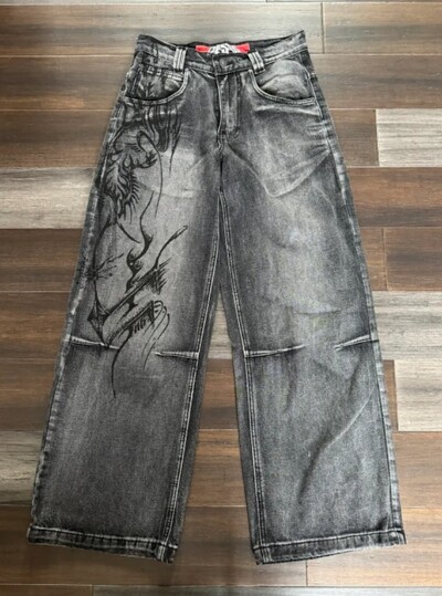 2024 New American Harajuku Vintage Print Jeans Y2K Women Washed Grey Straight Παντελόνι Street Gothic Loose Unisex Παντελόνι Tide