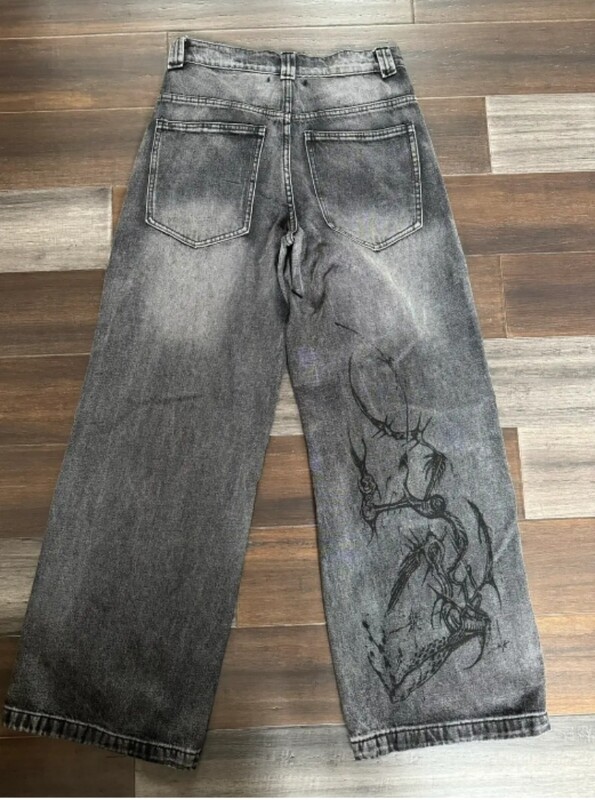 2024 Nové americké džínsy s vintage potlačou Harajuku Y2K pre ženy, prané sivé rovné nohavice, pouličné gotické voľné unisex nohavice Tide