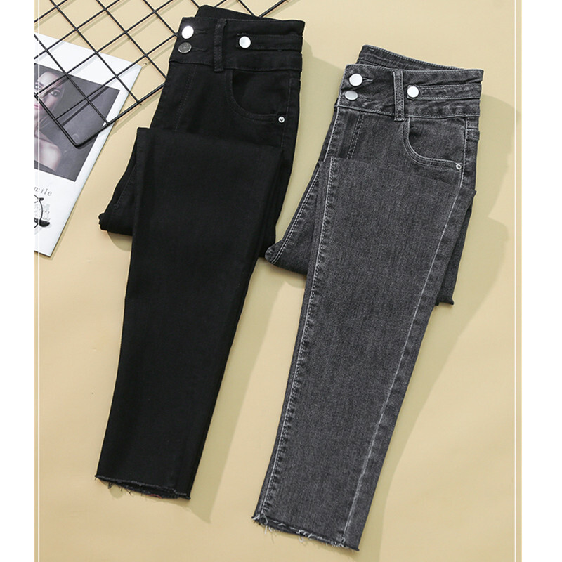Dámske džínsy s vysokým pásom, jar a jeseň, čierne sivé, úzke, elastické, ceruzkové nohavice, plus size, gombíky, džínsové nohavice, streetwear