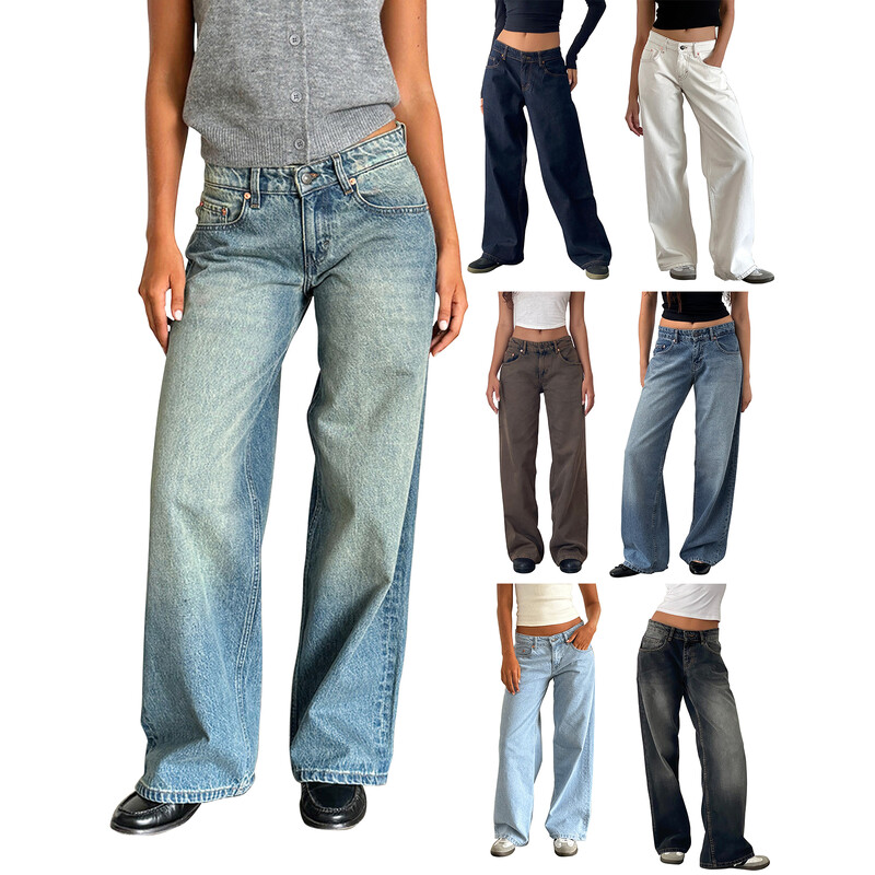 Dámske džínsy s nízkym pásom, klasické široké džínsy, šortky, zips, gombíky, jednofarebné nohavice s vreckami