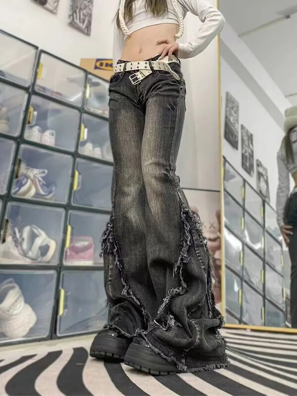 HOUZHOU Y2k platėjantys džinsai moterims Mažai pakyla skalbtos džinsinės kelnės moteriškos amerikietiškos vintažinės rūbai Neapdoroto krašto dizaino kratinys ruduo