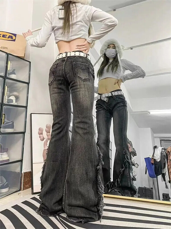 HOUZHOU Y2k platėjantys džinsai moterims Mažai pakyla skalbtos džinsinės kelnės moteriškos amerikietiškos vintažinės rūbai Neapdoroto krašto dizaino kratinys ruduo