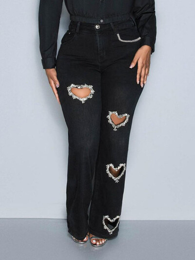 DEAT Női farmer nadrág magas derekú, szív alakú, vájt kivágású dizájn gyémántok kék sztreccs farmer 2024 őszi új divat 29L8184