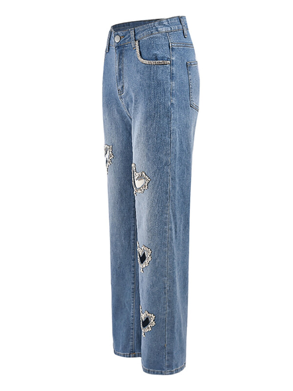 DEAT Női farmer nadrág magas derekú, szív alakú, vájt kivágású dizájn gyémántok kék sztreccs farmer 2024 őszi új divat 29L8184