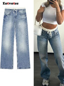 EOTVOTEE Utcai ruházati divat Kék fűzős zsebek Farmer Női Alkalmi derékközépen Egyenes szárú nadrágok Y2k 2024-es új szezonális farmerek