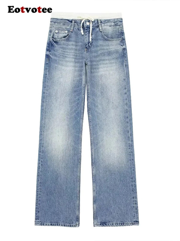 EOTVOTEE Utcai ruházati divat Kék fűzős zsebek Farmer Női Alkalmi derékközépen Egyenes szárú nadrágok Y2k 2024-es új szezonális farmerek