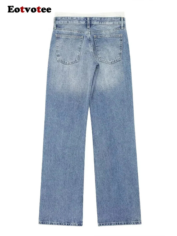 EOTVOTEE Utcai ruházati divat Kék fűzős zsebek Farmer Női Alkalmi derékközépen Egyenes szárú nadrágok Y2k 2024-es új szezonális farmerek