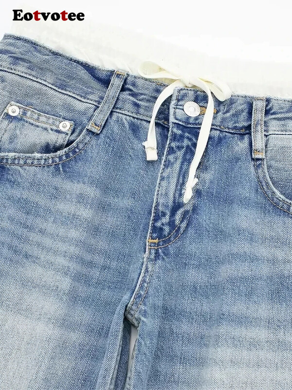 EOTVOTEE Utcai ruházati divat Kék fűzős zsebek Farmer Női Alkalmi derékközépen Egyenes szárú nadrágok Y2k 2024-es új szezonális farmerek