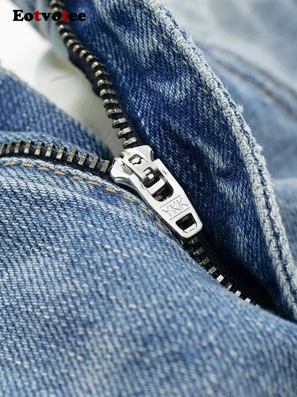 EOTVOTEE Utcai ruházati divat Kék fűzős zsebek Farmer Női Alkalmi derékközépen Egyenes szárú nadrágok Y2k 2024-es új szezonális farmerek