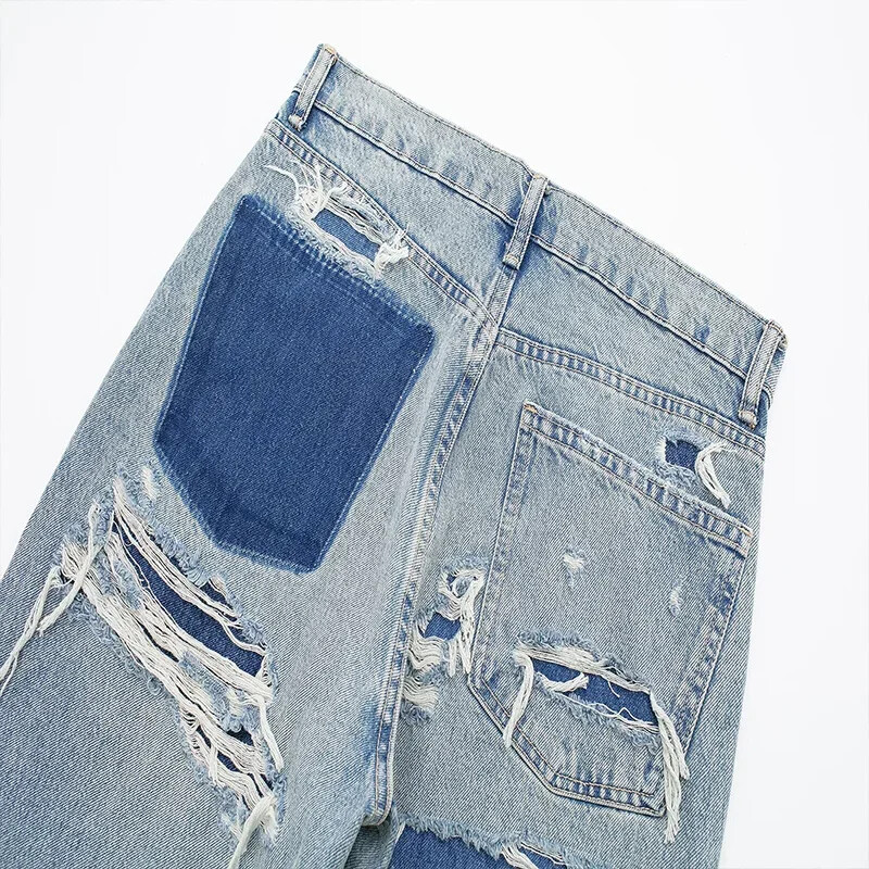Dámske módne džínsy, jednofarebné voľné nohavice, gradientné farby, ležérne streetwear nohavice, roztrhané diery, zdobené džínsy