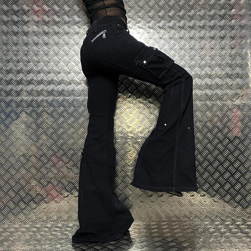 HEYounGIRL Dámske gotické módne slim džínsy, módne hip hopové vintage čierne džínsové nohavice s nízkym pásom a zipsom, punkové nohavice