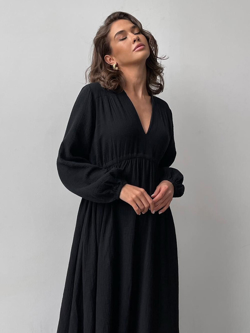 Marthaqiqi Bavlnené dámske nočné košele s dlhým rukávom, sexy nočné košele s výstrihom do V, šaty do polovice lýtok, nové ležérne dámske domáce oblečenie