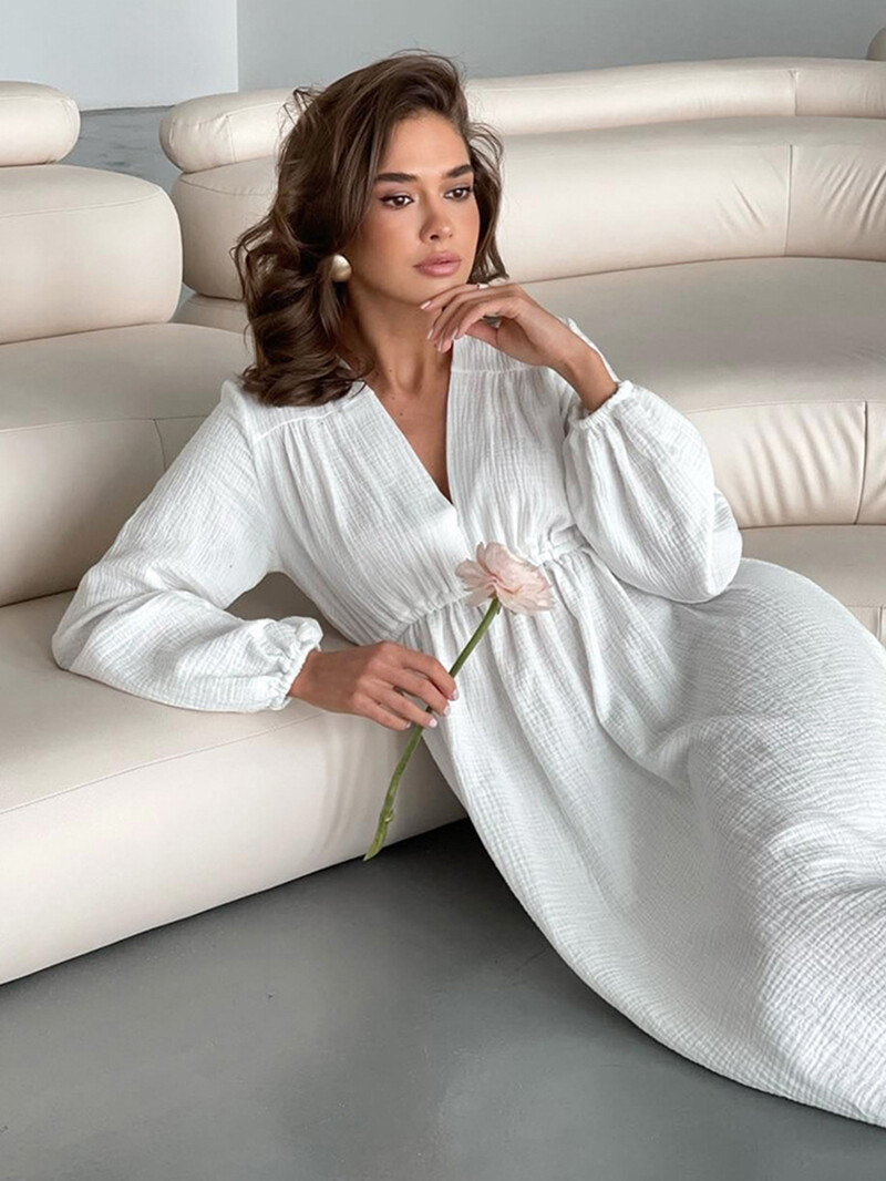 Marthaqiqi Bavlnené dámske nočné košele s dlhým rukávom, sexy nočné košele s výstrihom do V, šaty do polovice lýtok, nové ležérne dámske domáce oblečenie