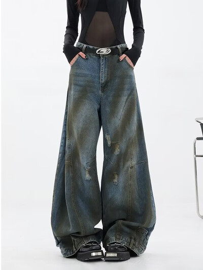 HOUZHOU Hip Hop Ripped Jeans Dámske High Street Dámske Zúfalé Denim Široké Nohavice Ležérne Nohavice Vintage Streetwear Voľné