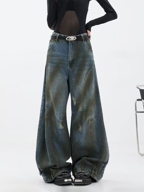 HOUZHOU Hip Hop Ripped Jeans Dámske High Street Dámske Zúfalé Denim Široké Nohavice Ležérne Nohavice Vintage Streetwear Voľné