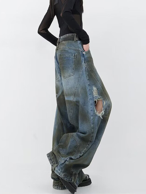 HOUZHOU Hip Hop Ripped Jeans Dámske High Street Dámske Zúfalé Denim Široké Nohavice Ležérne Nohavice Vintage Streetwear Voľné
