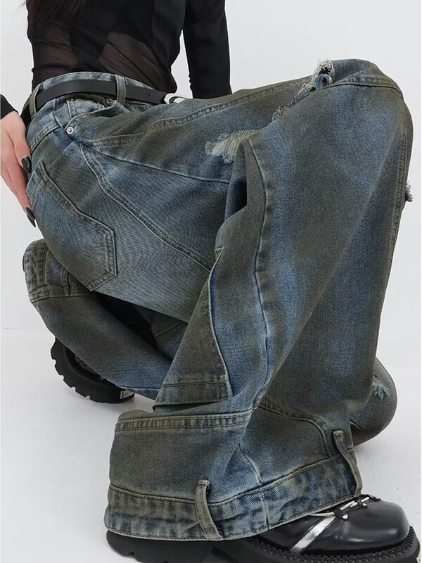 HOUZHOU Hip Hop Ripped Jeans Dámske High Street Dámske Zúfalé Denim Široké Nohavice Ležérne Nohavice Vintage Streetwear Voľné