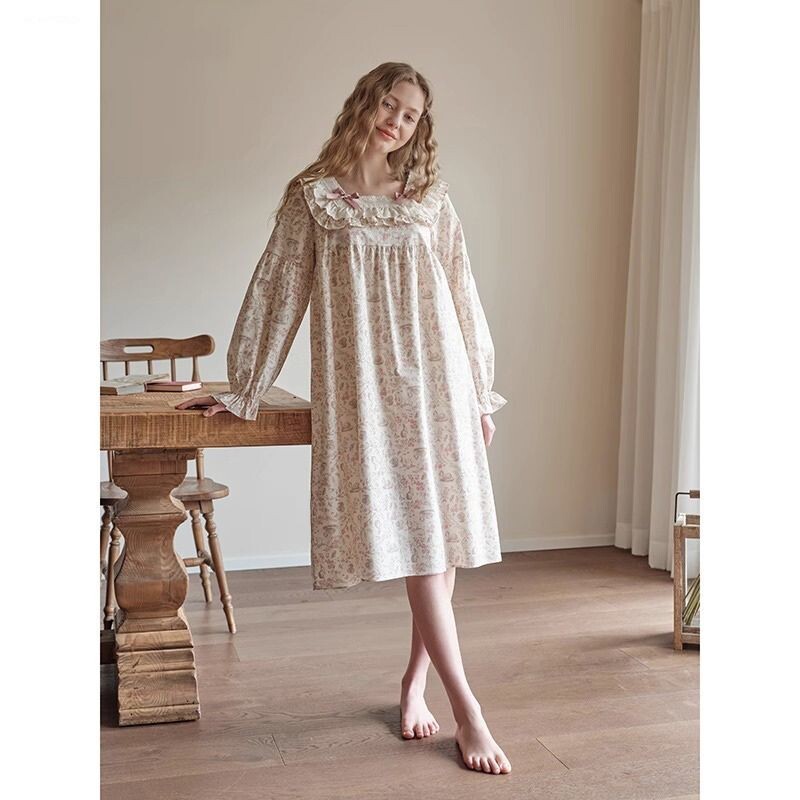 Ruffles Moteriški naktiniai marškiniai Spausdinti miegui Kvadratinė apykaklė Naktiniai Korėjietiška madinga naktinė suknelė ilgomis rankovėmis rudens vientisa pižama