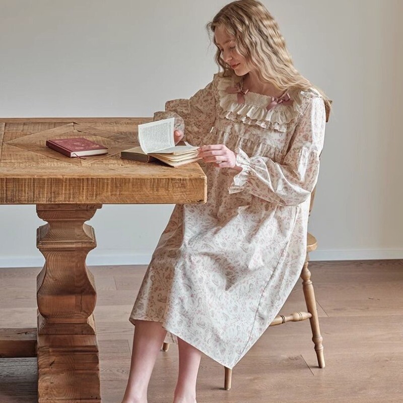 Ruffles Moteriški naktiniai marškiniai Spausdinti miegui Kvadratinė apykaklė Naktiniai Korėjietiška madinga naktinė suknelė ilgomis rankovėmis rudens vientisa pižama