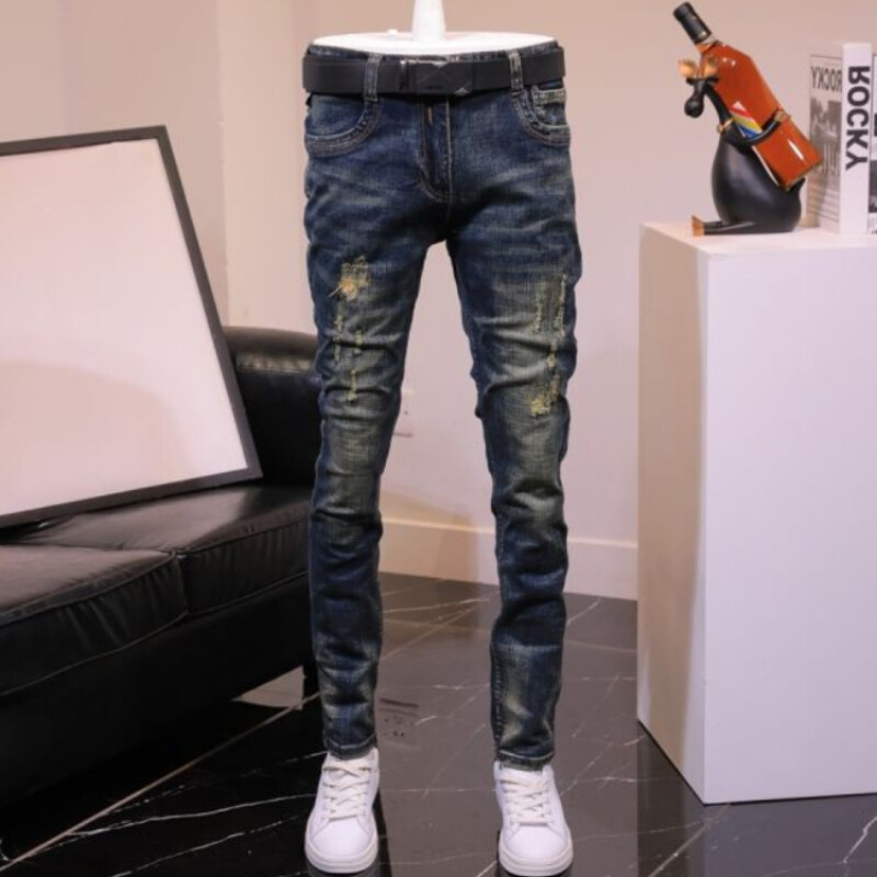 Nohavice roztrhané elastické s dierami, pánske kovbojské nohavice, slim fit džínsy pre mužov, úzke, roztrhané, elastické, skinny, roztrhané letné džínsy