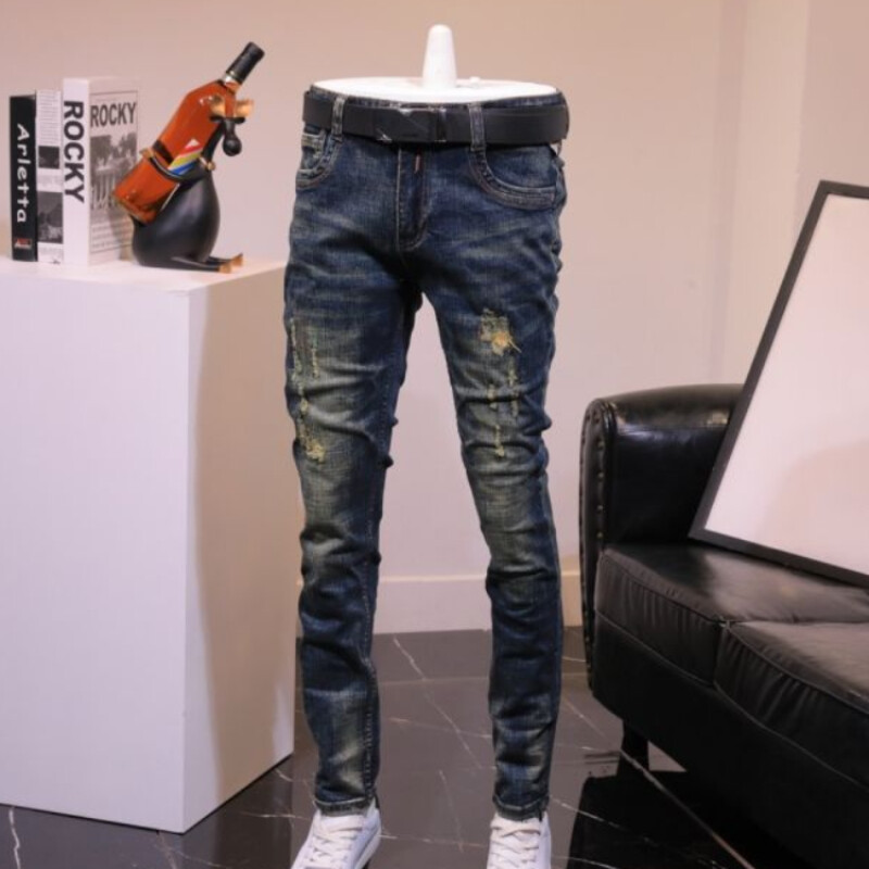 Nohavice roztrhané elastické s dierami, pánske kovbojské nohavice, slim fit džínsy pre mužov, úzke, roztrhané, elastické, skinny, roztrhané letné džínsy
